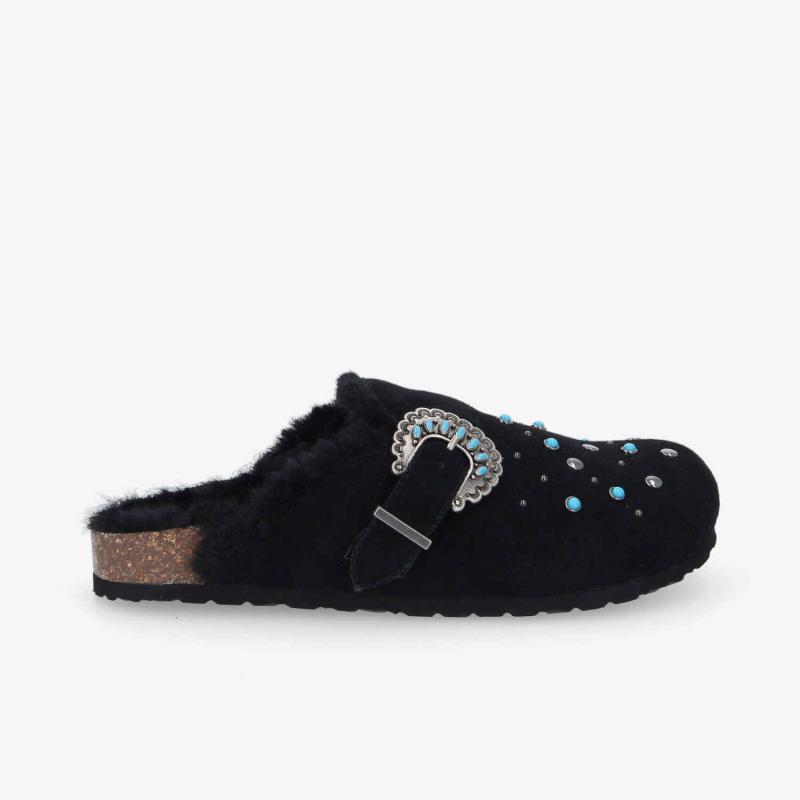 PALOMA CLOG W - SUEDE/FUR/RIVET -  NOIR/BLEU TURQUOISE